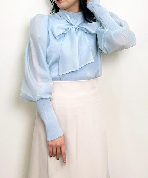 INGNI（イング）の「袖異素材／ボウタイ付マトンスリーブニット（ニット/セーター・レディース・オフホワイト/ブラック/サックスブルー・M）」の16枚目の写真