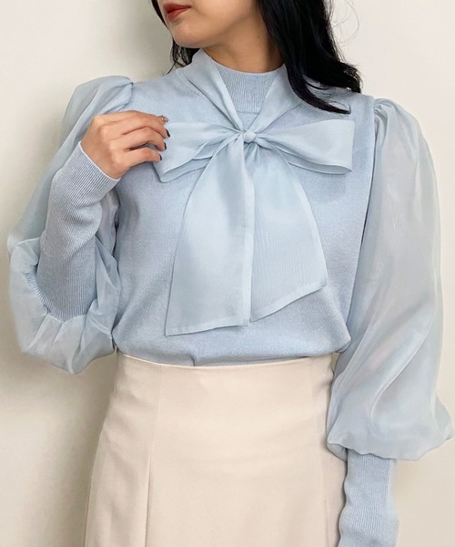 INGNI（イング）の「袖異素材／ボウタイ付マトンスリーブニット（ニット/セーター・レディース・オフホワイト/ブラック/サックスブルー・M）」の19枚目の写真