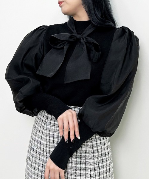 INGNI（イング）の「袖異素材／ボウタイ付マトンスリーブニット（ニット/セーター・レディース・オフホワイト/ブラック/サックスブルー・M）」の21枚目の写真