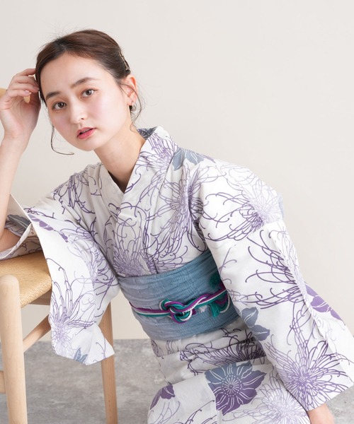 手染め注染浴衣3点セット utatane×注染工房 溶け合う糸菊と鉄線