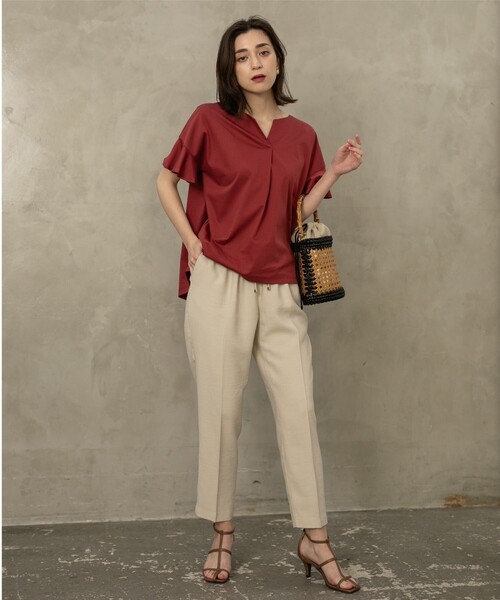 OPAQUE.CLIP（オペークドットクリップ）の「◆シルキースーピマ スキッパーフリルカットソー【イージーケア/接触冷感/洗濯機洗い可】（Tシャツ/カットソー・レディース・ブラウン系その他/ブラック/オフホワイト/ボルドー/ベージュ・34/42/40/38/36）」の21枚目の写真