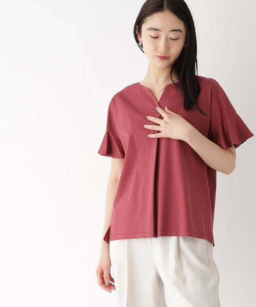 OPAQUE.CLIP（オペークドットクリップ）の「◆シルキースーピマ スキッパーフリルカットソー【イージーケア/接触冷感/洗濯機洗い可】（Tシャツ/カットソー・レディース・ブラウン系その他/ブラック/オフホワイト/ボルドー/ベージュ・34/42/40/38/36）」の18枚目の写真