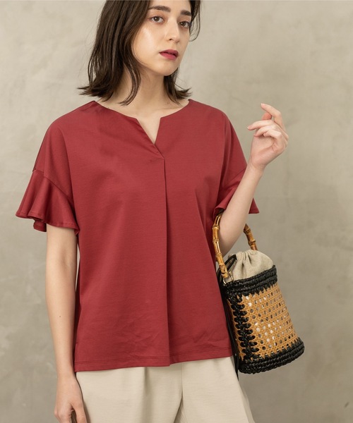 OPAQUE.CLIP（オペークドットクリップ）の「◆シルキースーピマ スキッパーフリルカットソー【イージーケア/接触冷感/洗濯機洗い可】（Tシャツ/カットソー・レディース・ブラウン系その他/ブラック/オフホワイト/ボルドー/ベージュ・34/42/40/38/36）」の17枚目の写真