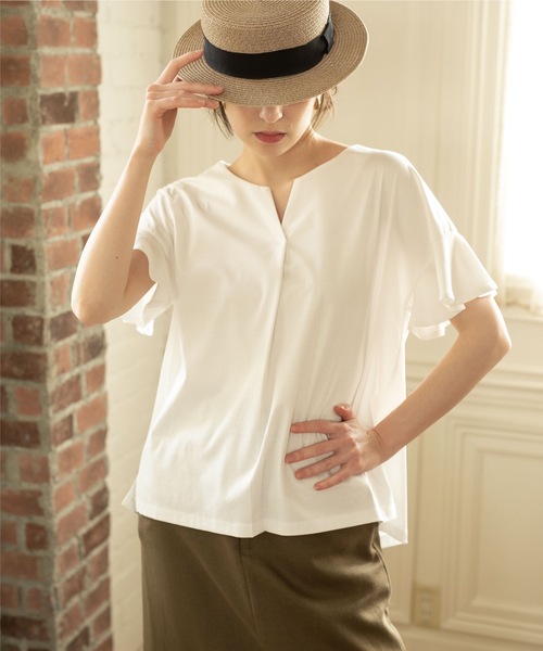 OPAQUE.CLIP（オペークドットクリップ）の「◆シルキースーピマ スキッパーフリルカットソー【イージーケア/接触冷感/洗濯機洗い可】（Tシャツ/カットソー・レディース・ブラウン系その他/ブラック/オフホワイト/ボルドー/ベージュ・34/42/40/38/36）」の15枚目の写真