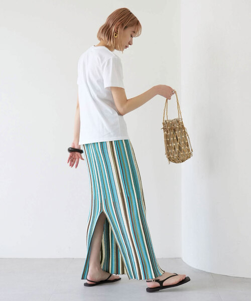 SLOBE citron.（スローブシトロン）の「SLOBE citron. ブークレーマルチストライプスカート（スカート・レディース・オレンジ/サックスブルー・FREE）」の8枚目の写真