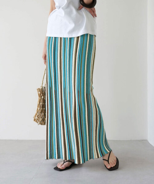 SLOBE citron.（スローブシトロン）の「SLOBE citron. ブークレーマルチストライプスカート（スカート・レディース・オレンジ/サックスブルー・FREE）」の9枚目の写真