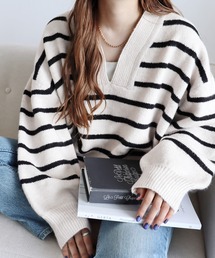 reca | Vネックボーダーニットプルオーバー(ニット/セーター)