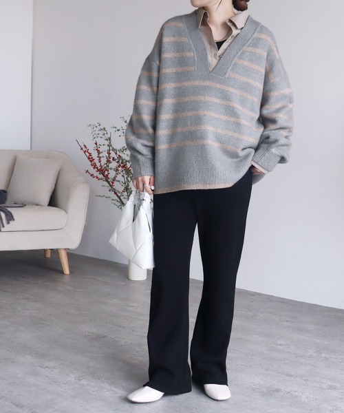 reca(レカ)の「Vネックボーダーニットプルオーバー(ニット/セーター・レディース・グレイッシュブルー/モカ/チャコールグレー/アイボリー・FREE)」の21枚目の写真