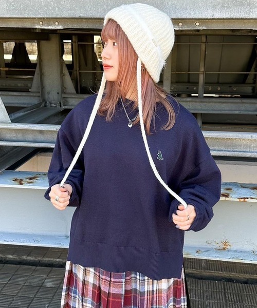 DOUBLE NAME（ダブルネーム）の「ミニ恐竜ワッペンもちもちジャガードニットプルオーバー/ユニセックス可（ニット/セーター・レディース・グリーン/ピンク/ネイビー/キナリ・FREE）」の3枚目の写真