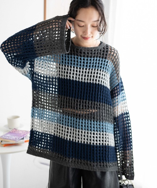 WEGO（ウィゴー）の「WEGO/ビッグメッシュニットプルオーバー（ニット/セーター・レディース・グリーン/オフホワイト/ブラック/ブルー・FREE）」の4枚目の写真