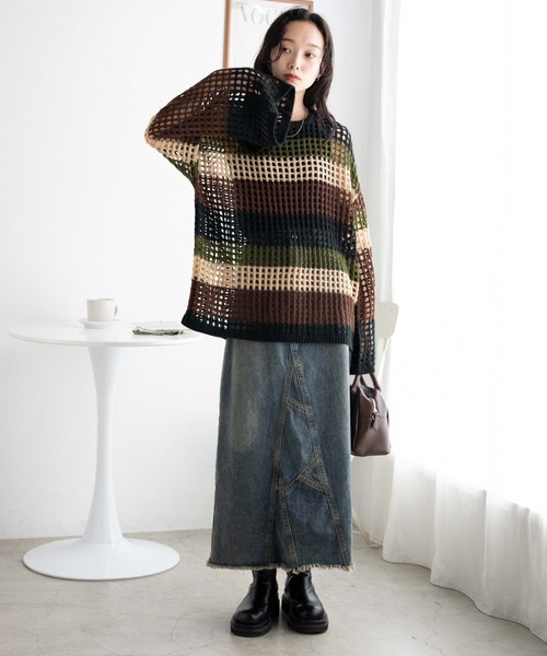 WEGO（ウィゴー）の「WEGO/ビッグメッシュニットプルオーバー（ニット/セーター・レディース・グリーン/オフホワイト/ブラック/ブルー・FREE）」の10枚目の写真