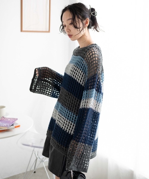 WEGO（ウィゴー）の「WEGO/ビッグメッシュニットプルオーバー（ニット/セーター・レディース・グリーン/オフホワイト/ブラック/ブルー・FREE）」の5枚目の写真