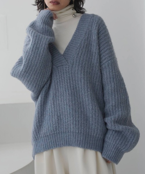 MIX糸 畦Vネックニットプルオーバー（ニット/セーター）｜hellam