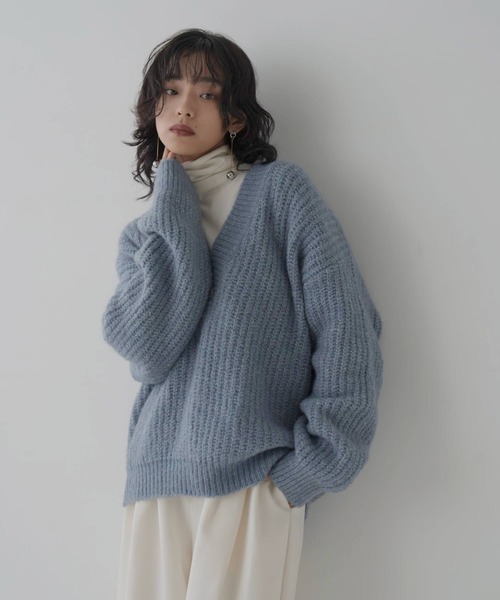 MIX糸 畦Vネックニットプルオーバー（ニット/セーター）｜hellam