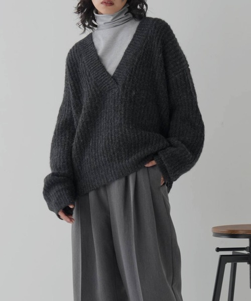 MIX糸 畦Vネックニットプルオーバー（ニット/セーター）｜hellam