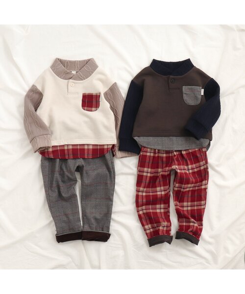 apres les cours（アプレレクール）の「【リンク可能】2柄チェックパンツ（その他パンツ・キッズ・グレー/レッド・120/100/110/80/130/90）」の4枚目の写真