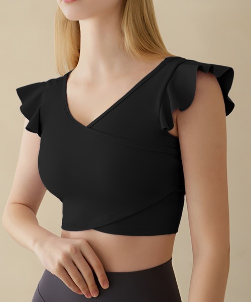 レディース ショルダーフリルのラップ風ヨガウェアトップス カップ付き