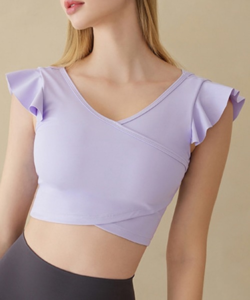 セール】レディース ショルダーフリルのラップ風ヨガウェアトップス