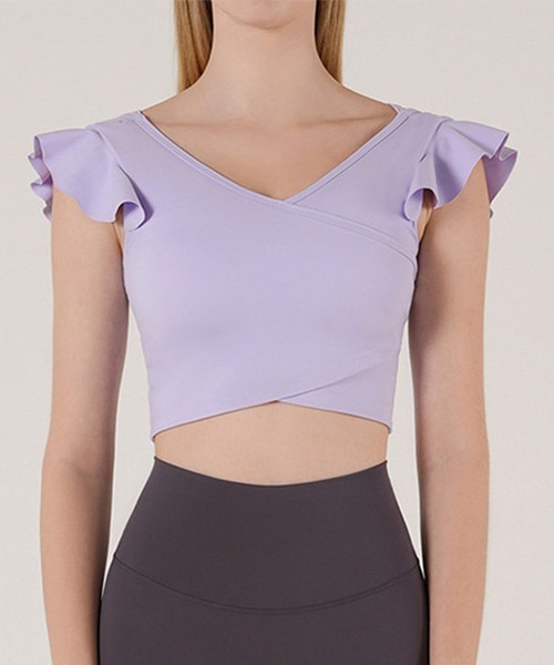 DAY CLOSET（デイ クローゼット）の「レディース ショルダーフリルのラップ風ヨガウェアトップス カップ付き タンクトップ[トレーニングウェア/ジムウェア/ピラティスウェア]（スポーツブラ・レディース・グリーン/ホワイト/アイボリー/パープル/ブラック・L/S/XL/M）」の7枚目の写真