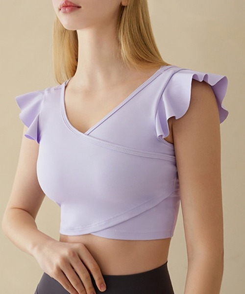 DAY CLOSET（デイ クローゼット）の「レディース ショルダーフリルのラップ風ヨガウェアトップス カップ付き タンクトップ[トレーニングウェア/ジムウェア/ピラティスウェア]（スポーツブラ・レディース・グリーン/ホワイト/アイボリー/パープル/ブラック・L/S/XL/M）」の8枚目の写真