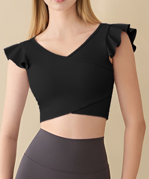 DAY CLOSET（デイ クローゼット）の「レディース ショルダーフリルのラップ風ヨガウェアトップス カップ付き タンクトップ[トレーニングウェア/ジムウェア/ピラティスウェア]（スポーツブラ・レディース・グリーン/ホワイト/アイボリー/パープル/ブラック・L/S/XL/M）」の13枚目の写真