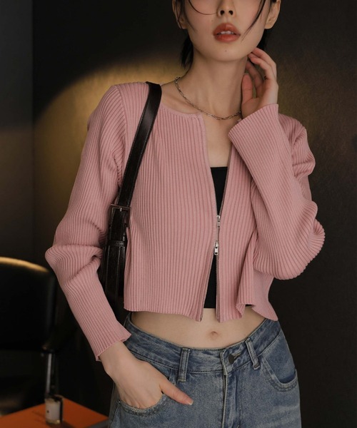 Girly Doll(ガーリードール)の「リブニットWジップカーディガン(カーディガン/ボレロ・レディース・ナチュラル/ブラック/ピンク/グレー/イエロー/ライトブルー・F/M/L)」の6枚目の写真