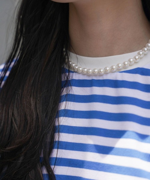 mimi toujours（ミミトゥジュール）の「ボーダー エルボーパッチ ロンT mimi toujours×しお（Tシャツ/カットソー・レディース・ブルー/ベージュ・M）」の4枚目の写真