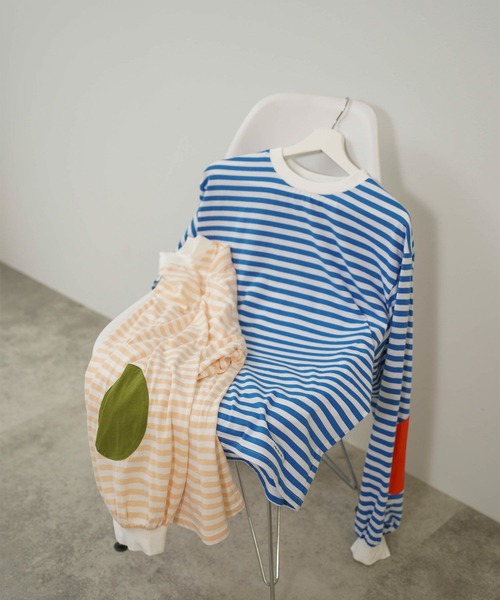 mimi toujours（ミミトゥジュール）の「ボーダー エルボーパッチ ロンT mimi toujours×しお（Tシャツ/カットソー・レディース・ブルー/ベージュ・M）」の14枚目の写真