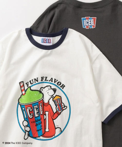 make a ray!(メイク ア レイ!)の「【ICEE/アイシー】ワンポイントロゴ&アイシーベアBIGイラスト 2Typeデザイン ヴィンテージライクTシャツ/半袖Tシャツ/リンガーT/発泡プリント(Tシャツ/カットソー・メンズ・ホワイト/ネイビー/ホワイト×ネイビー/ホワイト×ブラック/オフホワイト/チャコールグレー・M/L/XL)」の4枚目の写真
