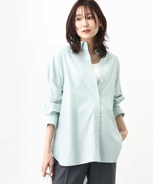 MK MICHEL KLEIN(エムケーミッシェルクラン)の「ストライプ柄オーバーシャツブラウス/洗える(シャツ/ブラウス・レディース・ミント/ホワイト・38)」の2枚目の写真