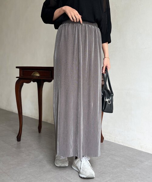 Chez toi（シェトワ）の「【マイナス３キロ見え】プリーツナロースカート（スカート・レディース・イエロー/ベージュ/カーキ/ブラック/グレー・FREE）」の3枚目の写真