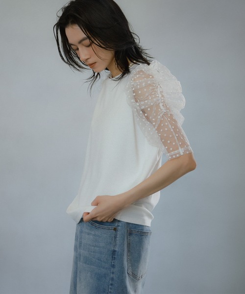 ELFRANK(エルフランク)の「ドットチュール袖トップス(Tシャツ/カットソー・レディース・ブラック/オフホワイト・FREE)」の12枚目の写真