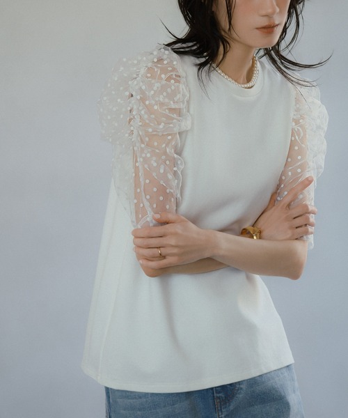 ELFRANK(エルフランク)の「ドットチュール袖トップス(Tシャツ/カットソー・レディース・ブラック/オフホワイト・FREE)」の13枚目の写真