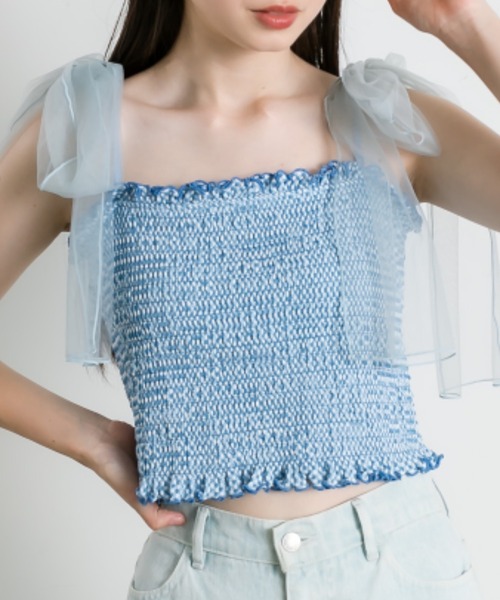 OLIVE des OLIVE（オリーブデオリーブ）の「チュールリボン付きシャーリングキャミソール（キャミソール・レディース・オフホワイト/ピンク/ブルー系その他/ブラック・FREE）」の3枚目の写真