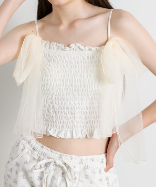 OLIVE des OLIVE（オリーブデオリーブ）の「チュールリボン付きシャーリングキャミソール（キャミソール・レディース・オフホワイト/ピンク/ブルー系その他/ブラック・FREE）」の5枚目の写真