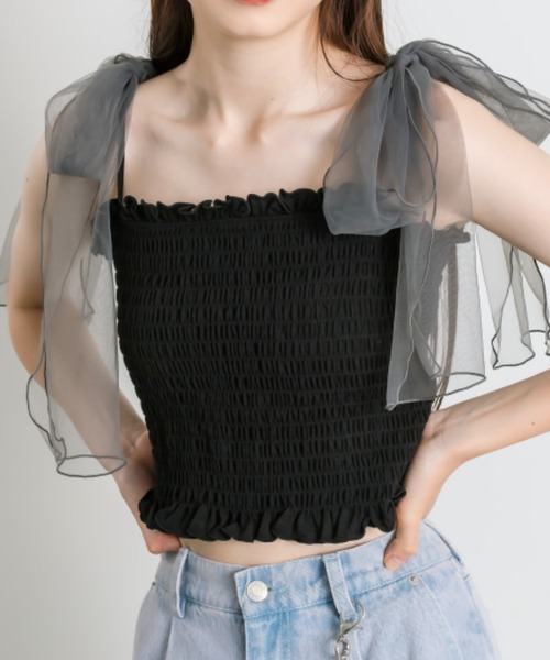 OLIVE des OLIVE（オリーブデオリーブ）の「チュールリボン付きシャーリングキャミソール（キャミソール・レディース・オフホワイト/ピンク/ブルー系その他/ブラック・FREE）」の8枚目の写真