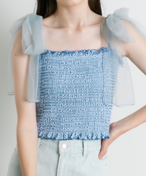 OLIVE des OLIVE（オリーブデオリーブ）の「チュールリボン付きシャーリングキャミソール（キャミソール・レディース・オフホワイト/ピンク/ブルー系その他/ブラック・FREE）」の11枚目の写真