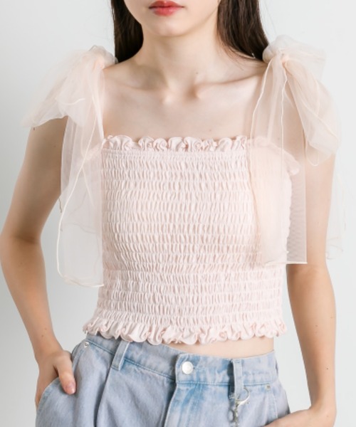 OLIVE des OLIVE（オリーブデオリーブ）の「チュールリボン付きシャーリングキャミソール（キャミソール・レディース・オフホワイト/ピンク/ブルー系その他/ブラック・FREE）」の14枚目の写真