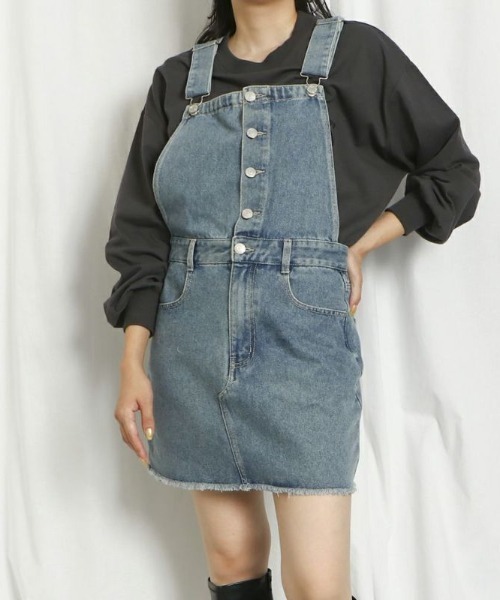 GORGE(ゴージ)の「《フロントボタン×切替デザイン》レディース デニムジャンパースカート ミニ丈 台形 春夏秋(ジャンパースカート・レディース・ブルー系その他/ブルー系その他2・F)」の2枚目の写真