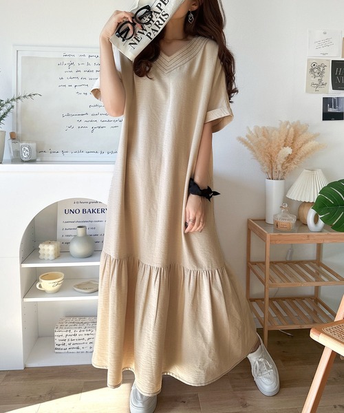 はまち♪綿麻VネックワンピL/生成り handmade はまち♪綿麻VネックワンピL/生成り handmade 綿麻VネックワンピースL