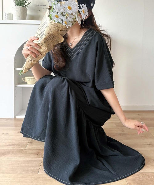 セール】大人の抜け感。ステッチ使いVネックロングワンピース