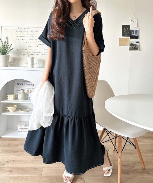 セール】大人の抜け感。ステッチ使いVネックロングワンピース