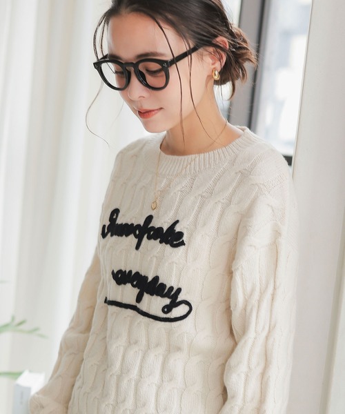 オールドセリーヌ ケーブルニットラメ入り 刺繍ロゴ コットン綿 セール】ロゴコード刺繍ケーブルニットトップス（ニット/セーター