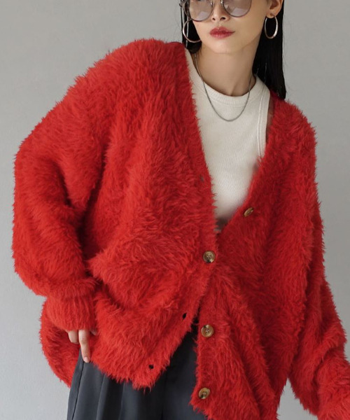 MIMIMEMETE（ミミメメット）の「DOUGHY SHAGGY KNIT［ロングカーディガン］（カーディガン/ボレロ・レディース・レッド/アイボリー/サックスブルー/ブラック・フリー）」の13枚目の写真