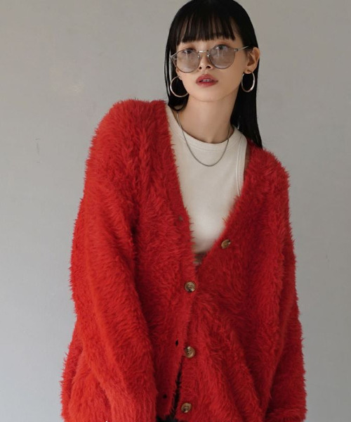 MIMIMEMETE（ミミメメット）の「DOUGHY SHAGGY KNIT［ロングカーディガン］（カーディガン/ボレロ・レディース・レッド/アイボリー/サックスブルー/ブラック・フリー）」の14枚目の写真