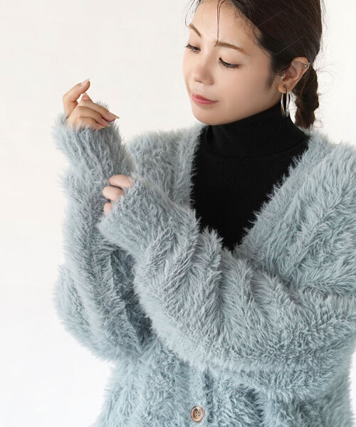MIMIMEMETE（ミミメメット）の「DOUGHY SHAGGY KNIT［ロングカーディガン］（カーディガン/ボレロ・レディース・レッド/アイボリー/サックスブルー/ブラック・フリー）」の10枚目の写真