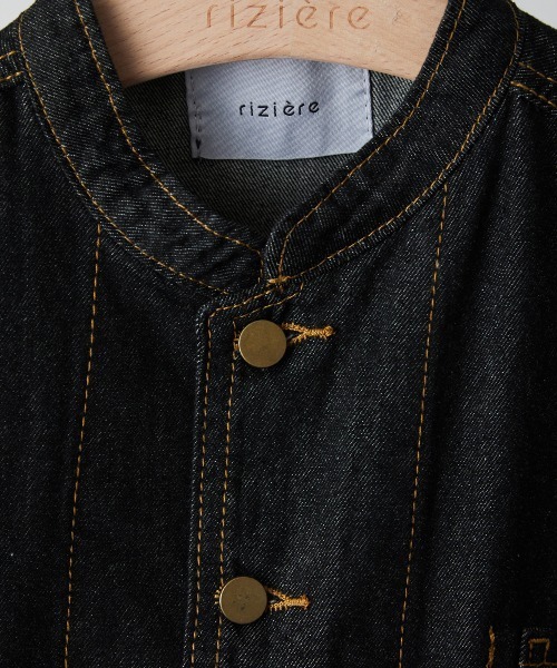 セール】バンドカラーブラックデニムジャケット（デニムジャケット