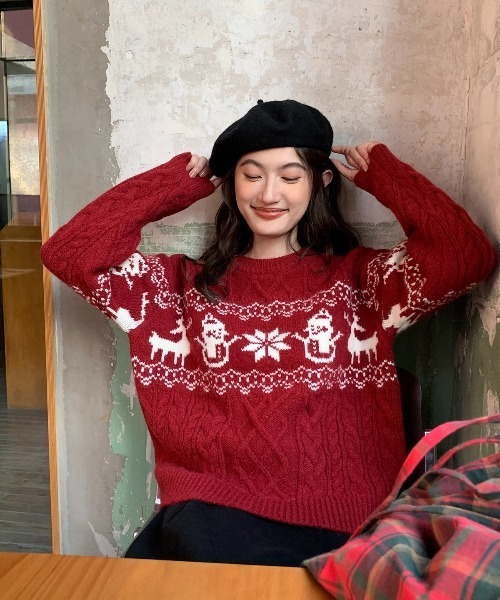 gossip！ロサンゼルス（ゴシップロサンゼルス）の「Y2K ノルディック柄ケーブルニット（ニット/セーター・レディース・ワイン/オフホワイト/ネイビー・FREE）」の6枚目の写真