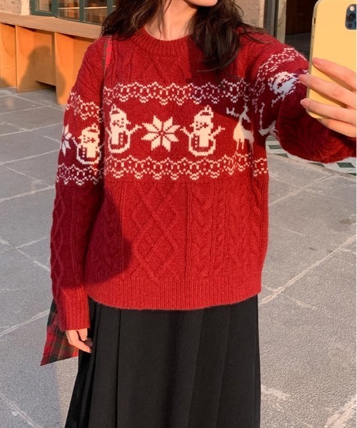 gossip！ロサンゼルス（ゴシップロサンゼルス）の「Y2K ノルディック柄ケーブルニット（ニット/セーター・レディース・ワイン/オフホワイト/ネイビー・FREE）」の10枚目の写真