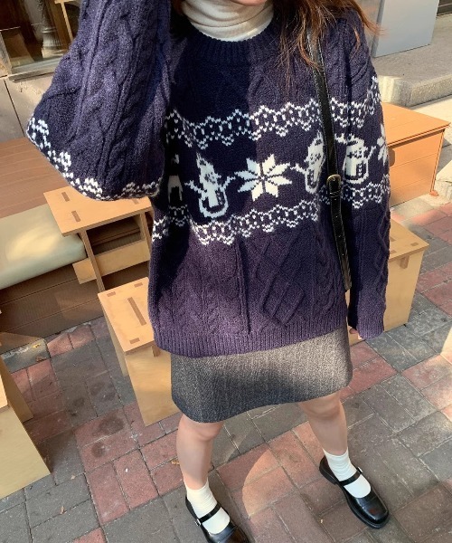 gossip！ロサンゼルス（ゴシップロサンゼルス）の「Y2K ノルディック柄ケーブルニット（ニット/セーター・レディース・ワイン/オフホワイト/ネイビー・FREE）」の14枚目の写真